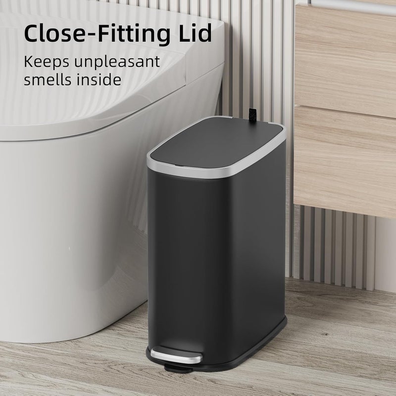 KUK Slim Bathroom Trash Can with Lid Soft Close, Step Pedal, 2.6 Gal/ 10L Stainless Steel Garbage Can with Removable Inner Bucket, Anti-Fingerprint Wastebasket for Office, Bedroom, Toilet (Black) - Image 2